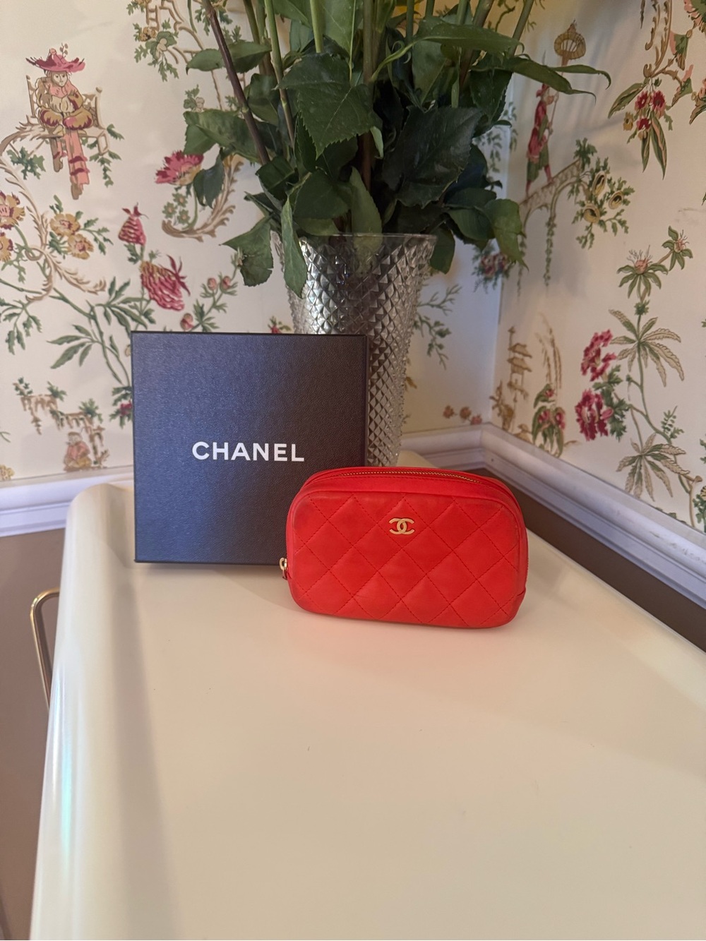 CHANEL Red Quilted Lambskin Cosmetic Case / Vanity Pouch
